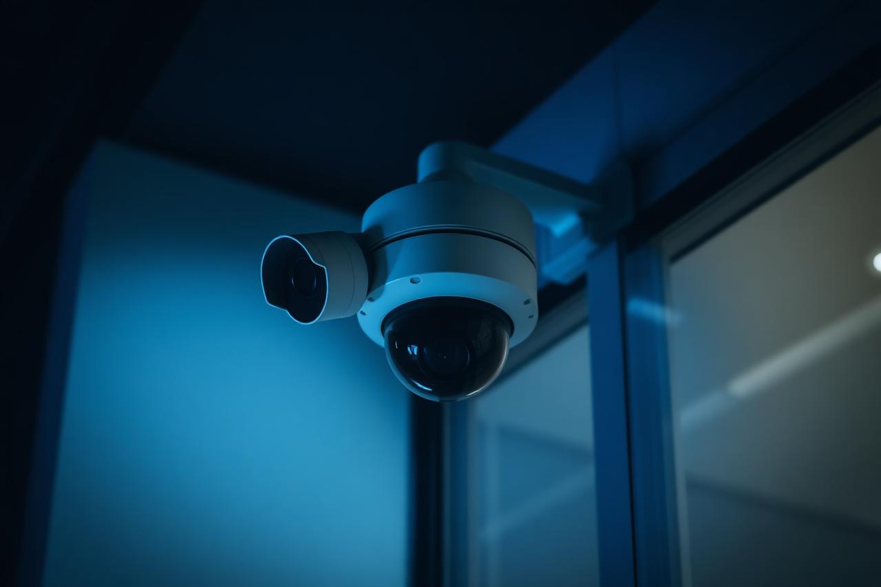 Cámara de seguridad instalada en el exterior de una oficina